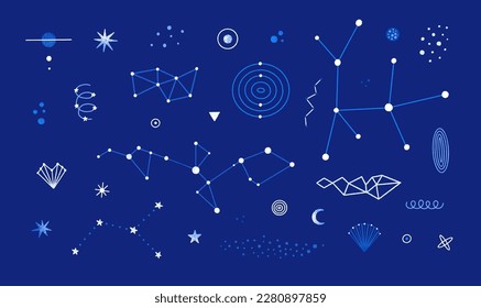 Vector set of abstract space elements. Isolated constellations, stars, planets. Hand drawn celestial clip art. Astrology, astronomy. Cosmic decor for stickers, print on apparel. Blue and white colors