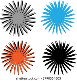 Vector set of abstract spiky circular icons in grey, blue, orange, and black, resembling sea urchins or starburst explosions.