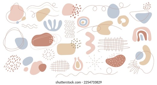 Vector set of abstract spots, lines and dots. Elements for graphic design isolated on white. Hand-drawn organic shapes and forms in pastel colors. Art collection for design cards, banners, backgrounds