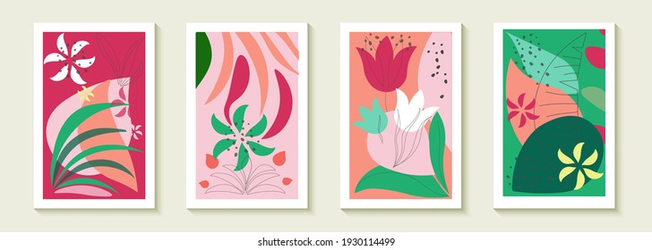 Vector set of abstract spring backgrounds with lettering space. bright banners, posters, cover design templates, wallpapers in social networks with spring leaves and flowers