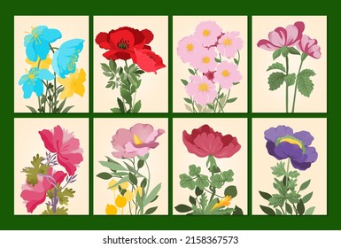 Vector set of abstract spring backgrounds with lettering space. bright banners, posters, cover design templates, wallpapers in social networks with spring leaves and flowers