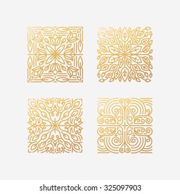 Vector set of abstract square emblems and badges in trendy linear style in golden colors - floral logo design templates and organic badges with leaves and flowers 