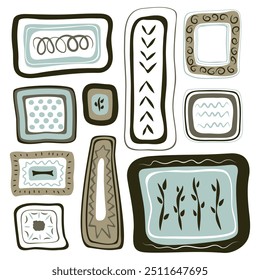 Vector set of abstract square-like shapes decorated with primitive ornaments in greyish-blue and brownish tones on white background