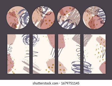 Vector set of abstract stories backgrounds. Design templates icons for social media highlights cover. Round emblems of modern art strokes and textures.