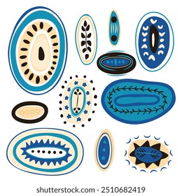 Vector set of abstract stylised ovals with geometric decoration in blue and beige colours on white background