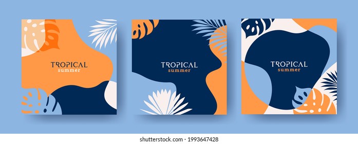 Vector set of abstract Summer backgrounds with copy space for text, tropical leaves and plants in orange yellow and deep blue colors. Modern design templates for sale, posters, covers, social media