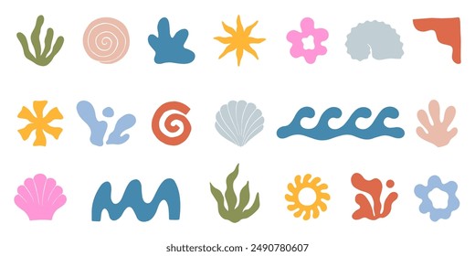 Vector set of abstract summer doodles.Hand drawn organic shapes and forms.Modern elements in trendy naive simple style for banners,social media marketing,branding,packaging, covers, prints