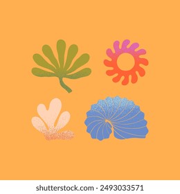 Vector set of abstract summer nature elements.Hand drawn palm,sun,coral,seashell.Modern graphic in naive simple style for banners,smm,branding,packaging, covers,prints.Summer vacation aesthetic