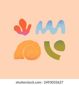 Conjunto de Vector de Elementos naturales abstractos de verano. Onda dibujada a mano, coral, concha, forma orgánica. Gráfico moderno en estilo simple para Anuncios, smm, marca, embalaje, cubiertas, estampados. Estética de vacaciones de verano