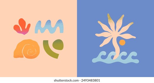 Conjunto de Vector de Elementos naturales abstractos de verano. Palma dibujada a mano, forma orgánica, coral, concha marina, olas. Gráfico en estilo simple para Anuncios, smm, marca, embalaje, cubiertas, estampados. Estética de vacaciones de verano