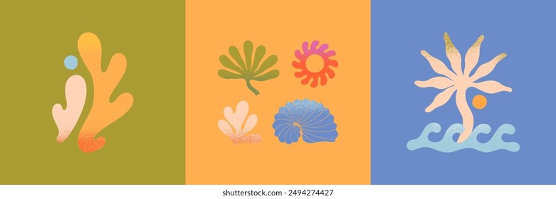 Vector set of abstract summer nature elements.Hand drawn palm,organic form,sun,coral,seashells,waves.Graphic in simple style for banners,smm,branding,packaging, covers,prints.Summer vacation aesthetic