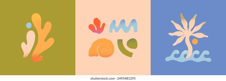 Vector set of abstract summer nature elements.Hand drawn palm,organic form,sun,coral,seashells,waves.Graphic in simple style for banners,smm,branding,packaging, covers,prints.Summer vacation aesthetic