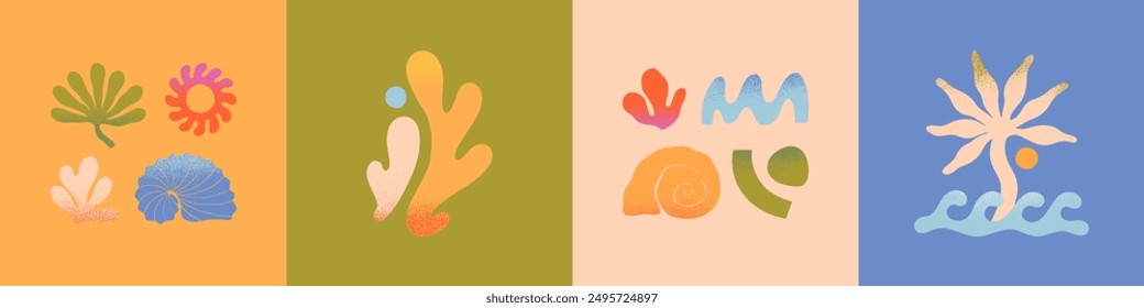 Conjunto de Vector de Elementos abstractos de la naturaleza del verano. Palma dibujada a mano, forma orgánica, sol, coral, conchas marinas, olas. Gráfico en estilo simple para Anuncios, smm, marca, embalaje, cubiertas, estética de vacaciones de verano