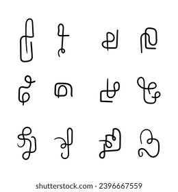 Conjunto vectorial de símbolos abstractos. Signos ficticios. Huevas dibujadas a mano.