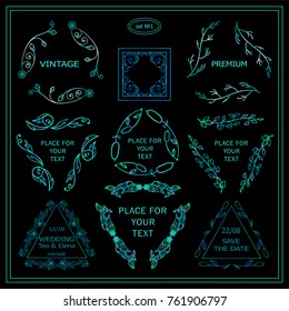 Vector set of abstract symbols. Triangle frames, template for logo, monogram, wedding or more elements in ornate vintage style. Wild flowers and waves design, neon blue and green colors  