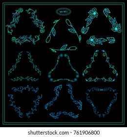 Vector set of abstract symbols. Triangle frames, template for logo, monogram, wedding or more elements in ornate vintage style. Wild flowers and waves design, neon blue and green colors