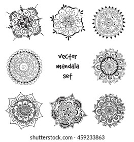 Vector set of abstract tattoo henna mandala. Isolated zentagle for design on white background.
