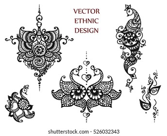 Vector set of abstract tattoo henna swan. Isolated ethnic pattern for design on white background.