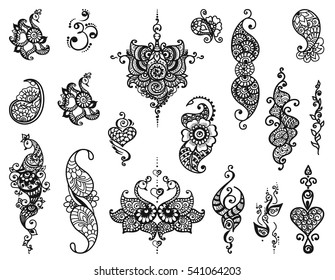 Vector set of abstract tattoo. Isolated ethnic pattern for design on white background.