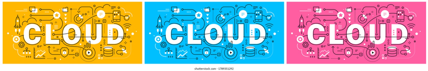 Vector Set Of Abstract Technology Illustration Of White Word Cloud And Connected Business Icon On Different Color Background With Line And Cloud. Line Art Style Innovation Design Of Graphic Element