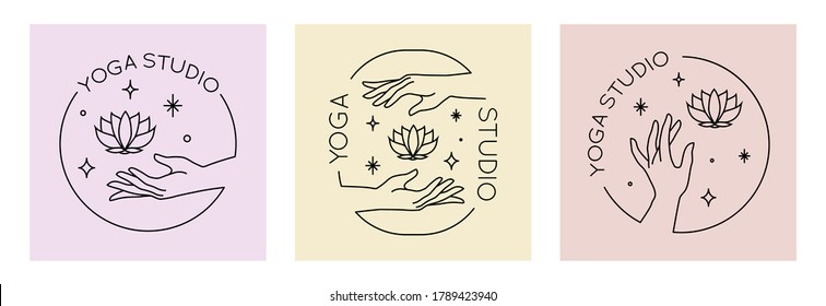 Vector set of abstract trendy linear logo with hands holding lotus flower and stars. Yoga emblem, label or icon isolated on white background