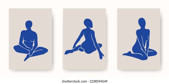 Vector set of abstract trendy Matisse inspired female body figures in various poses. Aesthetic creative illustrations and art posters for print, social media, cover, wall art, poster, logo, pattern