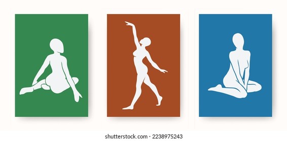 Vector set of abstract trendy Matisse inspired female body figures in various poses. Aesthetic creative illustrations and art posters for print, social media, cover, wall art, poster, logo, pattern