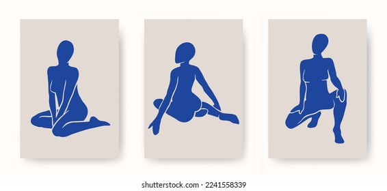 Vector set of abstract trendy Matisse inspired female body figures in various poses. Aesthetic creative illustrations and art posters for print, social media, cover, wall art, poster, logo, pattern