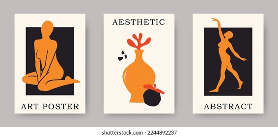 Vector set of abstract trendy Matisse inspired female body figures in various poses with geometric floral coral cut out compositions. Aesthetic creative illustrations and art posters for print, cover