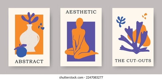 Vector set of abstract trendy Matisse inspired female body figures in various poses with geometric floral coral cut out compositions. Aesthetic creative illustrations and art posters for print, cover