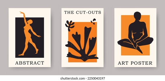 Vector set of abstract trendy Matisse inspired female body figures in various poses with geometric floral coral cut out compositions. Aesthetic creative illustrations and art posters for print, cover