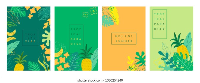 Vector set of abstract Tropical backgrounds with place for text, summer  vibrant banners, posters, cover design templates, social media stories, wallpapers with spring leaves, pineapples and tropic f