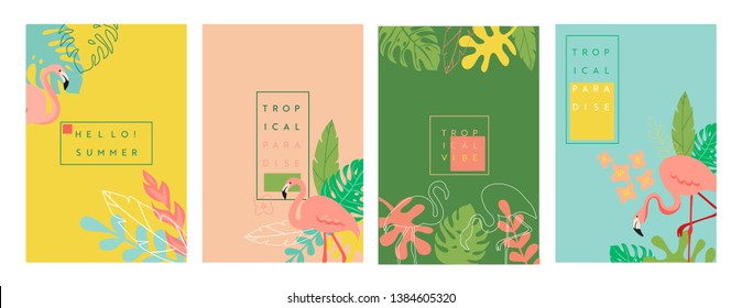 Vector set of abstract Tropical backgrounds with place for text, summer vibrant banners, posters, cover design templates, social media stories, wallpapers with spring leaves, flamingo, tropic flowers