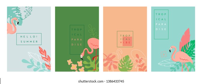 Vector set of abstract Tropical backgrounds with place for text, summer vibrant banners, posters, cover design templates, social media stories, wallpapers with spring leaves, flamingo, tropic flowers