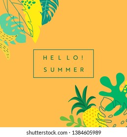 Vector set of abstract Tropical banner with place for text, summer vibrant backgrounds, posters, cover design templates, social media stories, wallpapers with spring leaves, pineapples, tropic flowers