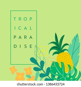 Vector set of abstract Tropical banner with place for text, summer vibrant backgrounds, posters, cover design templates, social media stories, wallpapers with spring leaves, pineapples, tropic flowers
