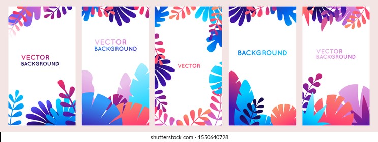 Vector set of abstract  vertical backgrounds with copy space for text - bright vibrant banners, posters, cover design templates, social media stories wallpapers with leaves and plants