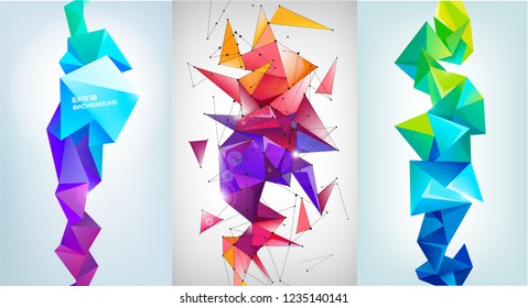 Conjunto vectorial de banderas verticales abstractas de faceta, formas 3d de cristal. Estilo geométrico colorido, fondo de triángulos de polos bajos