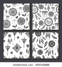 Vector set of abstract vintage hand drawn pattern, seamless boho black and white backgrounds. Lace decor elements, dreamcatchers. Doodle black and white, magic patterns