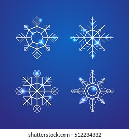 Vector set of abstract vintage shiny sparkling snowflakes on blue background. Christmas and New Year design.