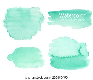 Vector set of abstract watercolor background with paper texture. Hand drawn mint watercolor stains on wet paper. Good for invitations, scrapbooking, banners, tags, labels, etc