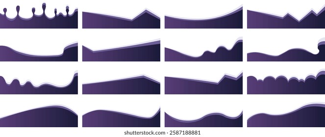 Vector Set of Abstract Wave Divider Shapes – Top and Bottom Borders for Websites, Apps, Banners, Posters – Modern Web Page Separators with Fluid, Curved, and Wavy Elements

