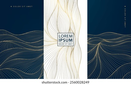 Vector set of abstract wave golden line patterns, art deco fancy art posters, japanese luxury design graphic. Wine package, wedding invitation