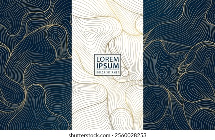 Vector set of abstract wave golden line patterns, art deco fancy art posters, japanese luxury design graphic. Wine package, wedding invitation