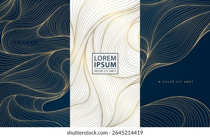Vector set of abstract wave golden luxury pattern. Line elegant premium posters, wine label, curve menu graphic, silk banners. Water, ocean brochures, package templates