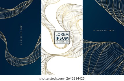 Vector set of abstract wave golden luxury pattern. Line elegant premium posters, wine label, curve menu graphic, silk banners. Water, ocean brochures, package templates