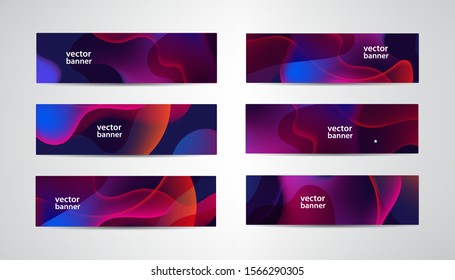Vector set of abstract wavy colorful banners, transparent gradient headers. Fluid, liquid texture