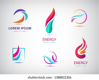 Vector set of abstract wavy energy, power, technology, fire logos. Solar Energy and Renewable Technology icons