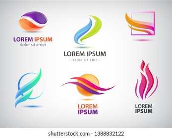Vector set of abstract wavy energy, power, technology, fire logos. Solar Energy and Renewable Technology icons