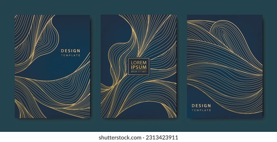 Vector set of abstract wavy liquid cards, hand drawn line waves. Golden luxury covers, japanese style package, posts, brochures
